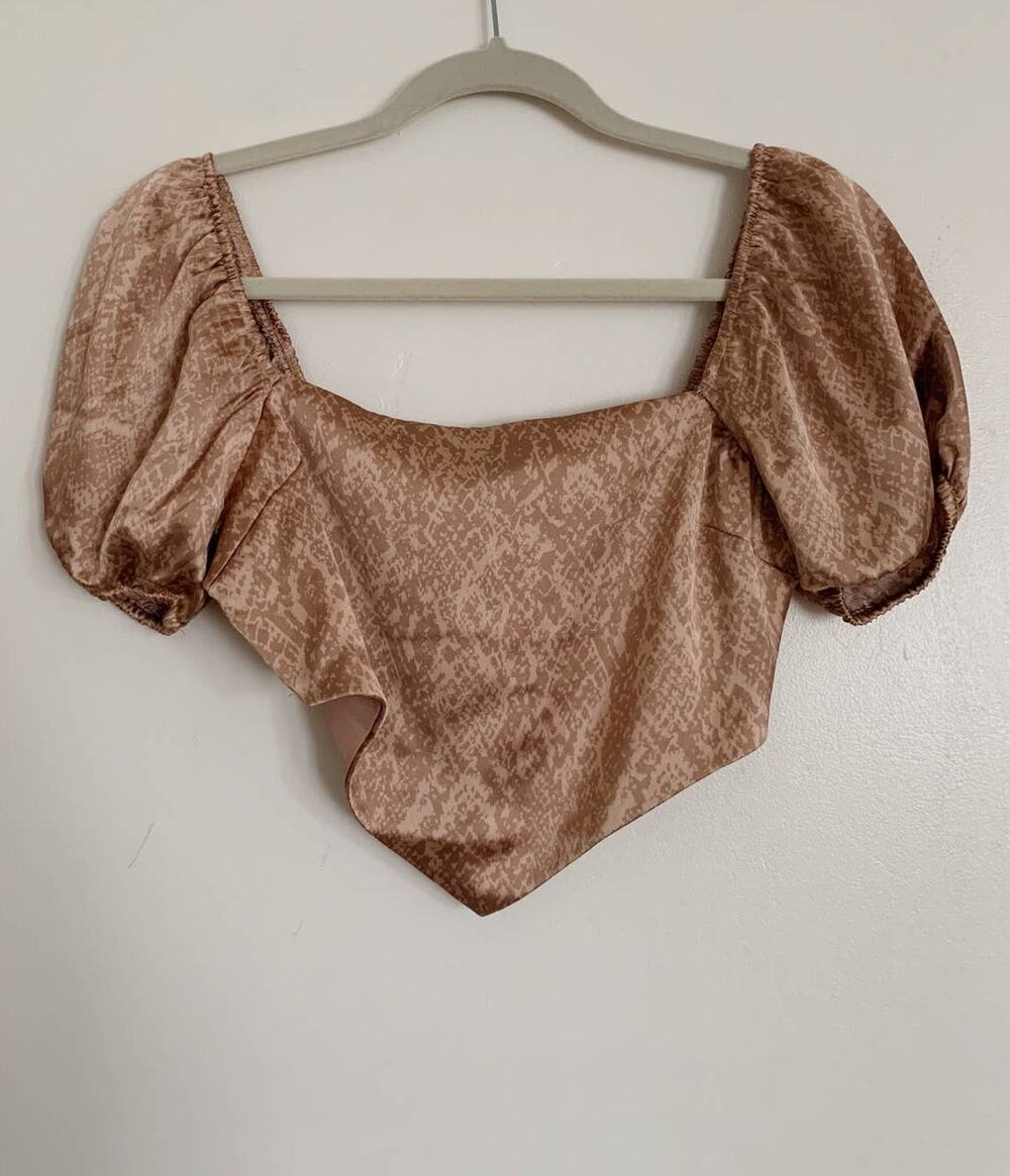 Gold Forever 21 Animal Print Puff Sleeve Bandana Top S